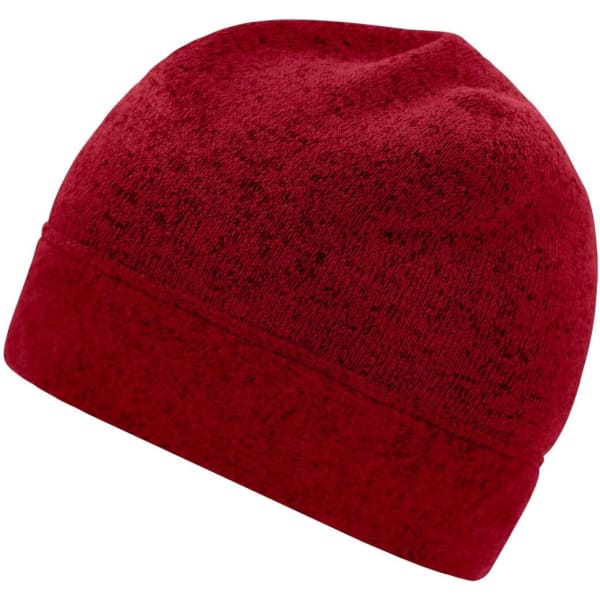 A red knitted fleece beanie with a soft texture and a fold-up cuff. It features a logo.