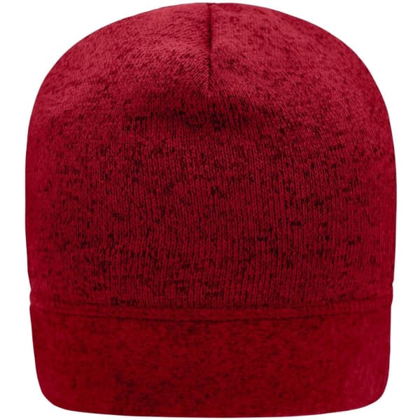 A red knitted fleece beanie with a folded cuff and a textured finish, featuring a logo.