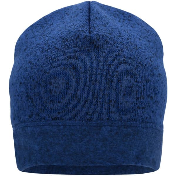 A knitted fleece beanie in blue, featuring a textured pattern and a logo on the side.