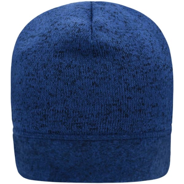 A blue knitted fleece beanie with a textured finish and a folded cuff, featuring a logo.