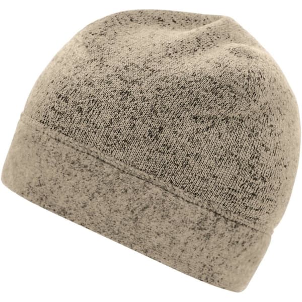 A knitted fleece beanie in a muted beige colour with a simple, casual design and a logo on the side.