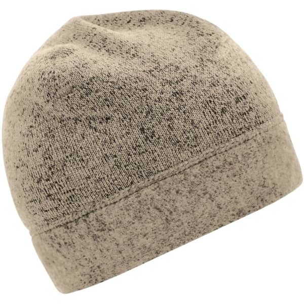 A knitted fleece workwear beanie in a light beige colour, featuring a textured finish and a logo.