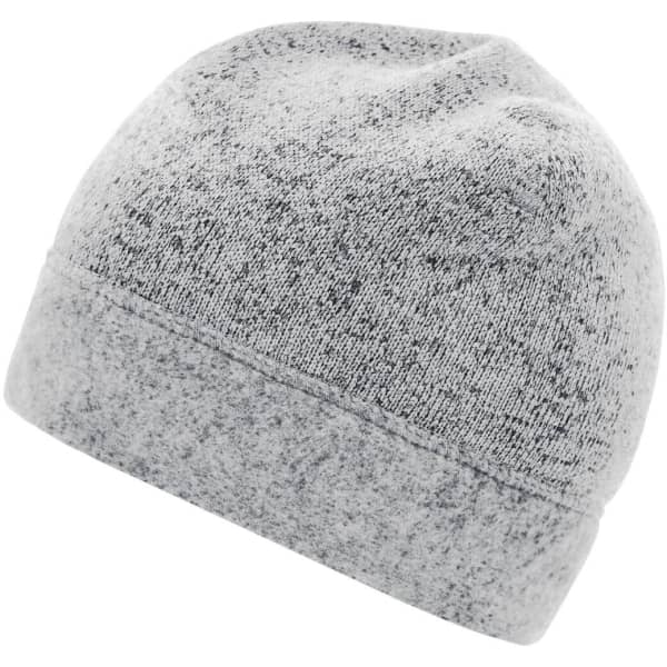 A knitted fleece workwear beanie in grey, featuring a textured design and a simple branding logo.