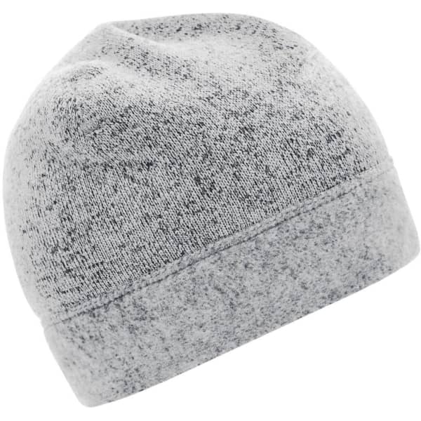 A grey knitted fleece workwear beanie with a soft texture. It features a subtle design and has a logo.