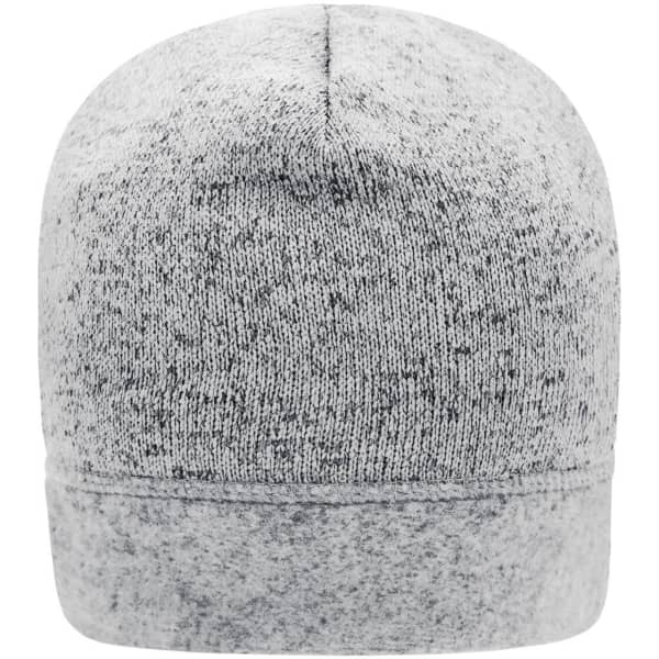 A knitted fleece beanie in grey with a folded cuff and a textured finish, featuring a logo on the side.
