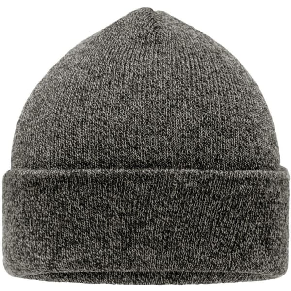 A grey knitted beanie with a folded cuff and a subtle texture, featuring a logo on one side.