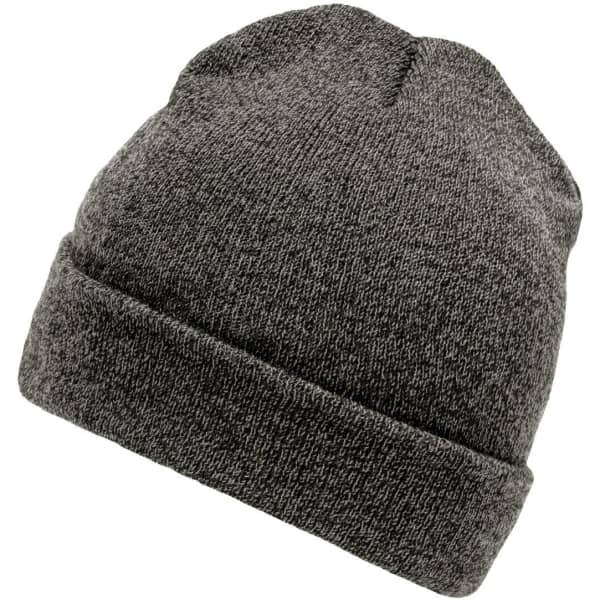 A grey beanie with a rolled cuff, featuring a textured knit design and a logo on the side.