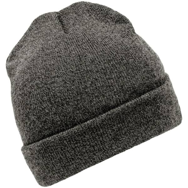 A grey Melange Beanie featuring a classic folded cuff and textured knit design, with a logo on the side.