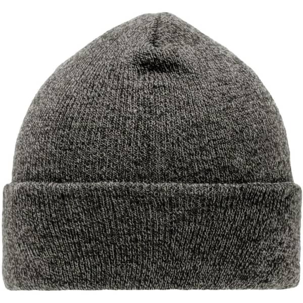 A grey beanie with a rolled cuff and textured knit, featuring a branding logo.