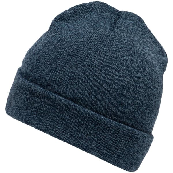 A navy blue beanie with a folded cuff, featuring a textured knit design and a branding logo.