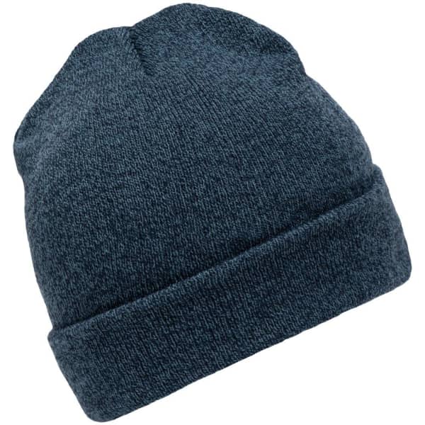 A dark blue beanie with a rolled cuff and a textured knit design. It features a logo on the side.