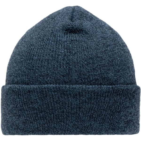 A navy beanie made from a textured knit fabric, featuring a folded cuff and a logo.