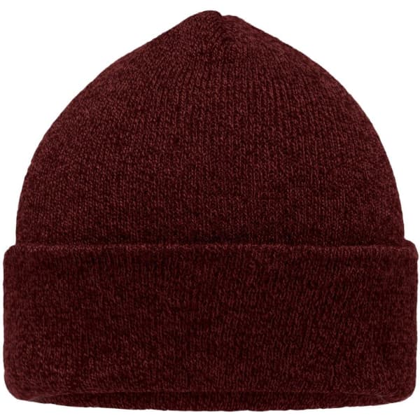 A burgundy Melange Beanie with a folded cuff and a textured knit design, featuring a logo on the inside.