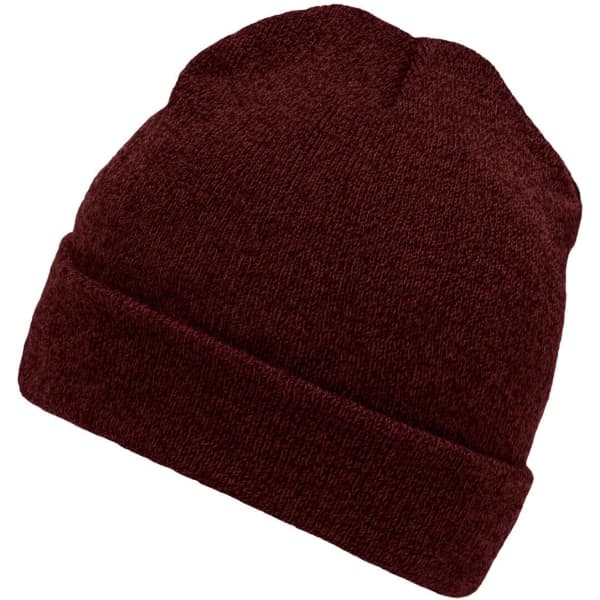 A maroon beanie with a rolled cuff, featuring a soft texture and a simple design.