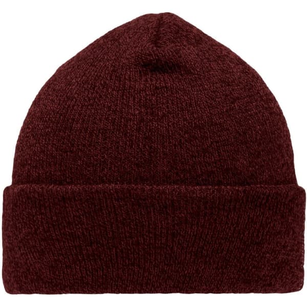 A maroon beanie with a folded cuff, made from a textured knit material, featuring a small logo.
