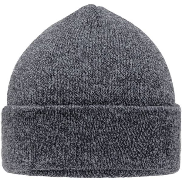 A grey beanie with a foldable cuff, made from a soft knitted material, featuring a logo on the side.