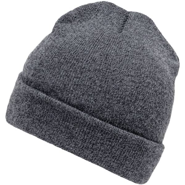 A grey beanie with a rolled cuff, made from a soft textured material, featuring a logo.