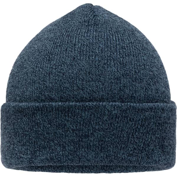 A dark blue beanie with a folded cuff, featuring a textured knit design and a logo.