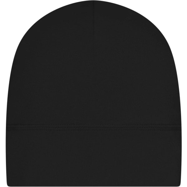 A black running beanie with a smooth finish and a seam at the bottom, featuring a logo on the side.