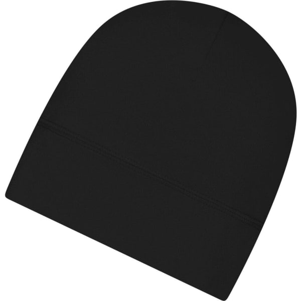 A black beanie with a smooth finish and a seamless design, featuring a logo on one side.