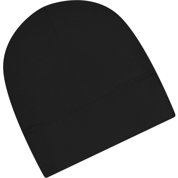 A black running beanie with a smooth design and a logo on it.
