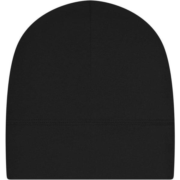 A black running beanie with a smooth finish and a subtle seam design, featuring a logo on the inside.