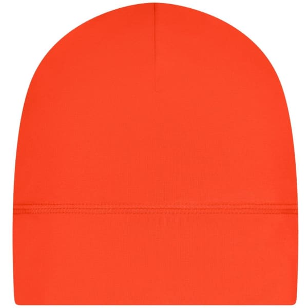 An orange running beanie featuring a smooth design and a branding logo.
