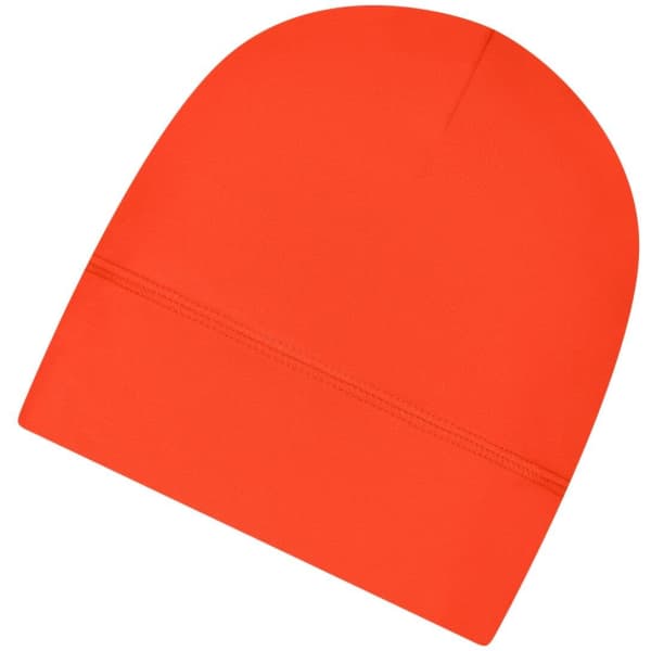 An orange running beanie with a smooth finish and a seam along the bottom, featuring a subtle logo.