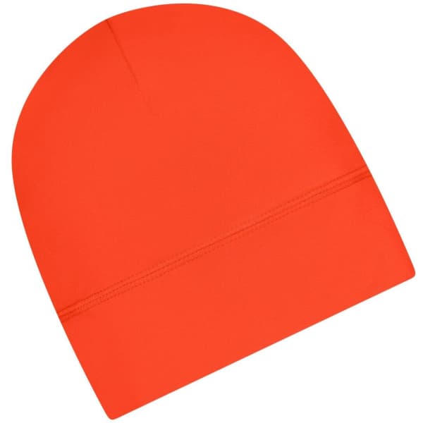 An orange running beanie with a smooth finish and a subtle seam across the middle.