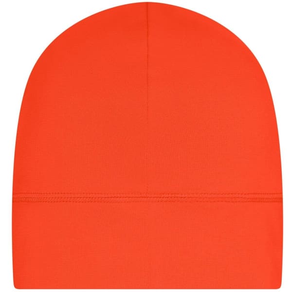 An orange running beanie with a smooth, fitted design and a seam across the middle. It has a logo on it.