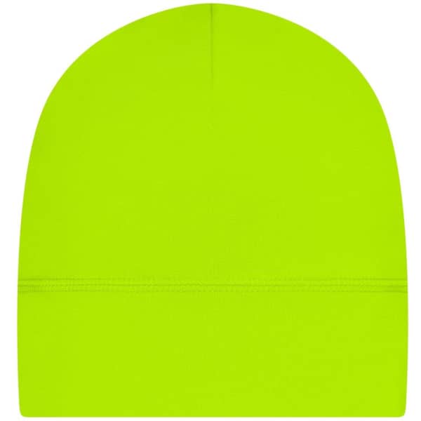 A bright lime green running beanie featuring a simple design with a branding logo.