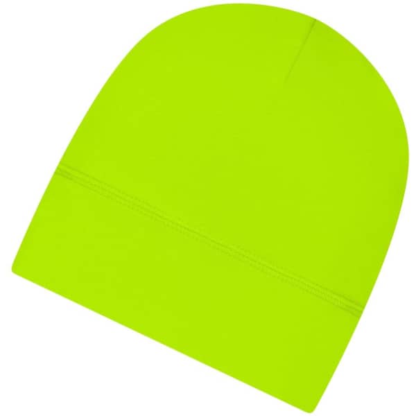 A bright yellow running beanie with a smooth finish and a stitched seam detail. It features a logo.