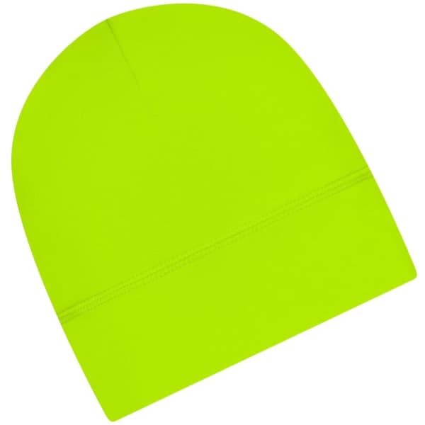A bright lime green running beanie with a seamless design and a subtle logo.