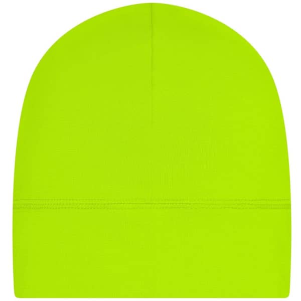 A bright green beanie with a smooth finish and a stitched seam at the base. It features a logo.