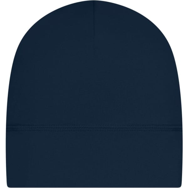 A navy blue running beanie with a sleek design and a subtle seam detail. It has a logo on the side.