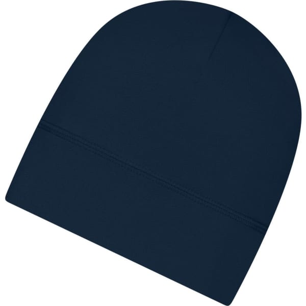 A navy running beanie with a smooth finish and a stitched seam detail. It features a logo on one side.