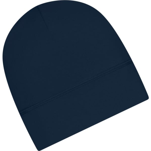 A navy running beanie with a smooth finish and a subtle logo at the bottom.