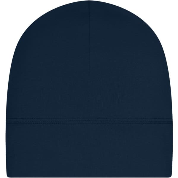 A navy running beanie with a smooth finish and a simple design, featuring a logo.