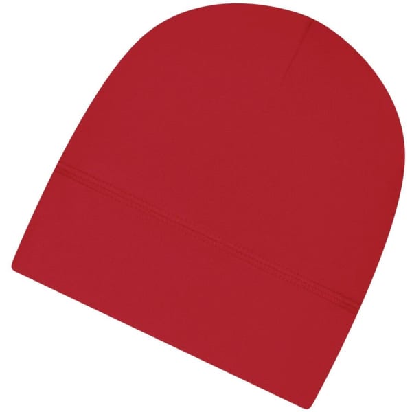 A red running beanie with a seamless design and rounded top. It features a branding logo.