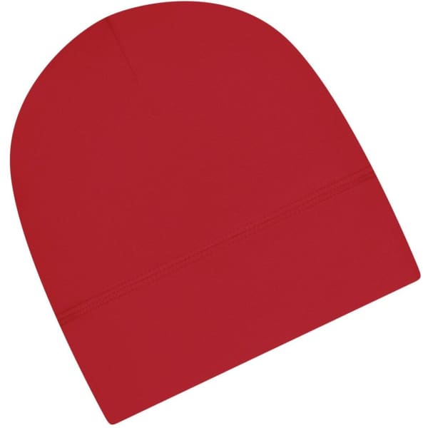A red beanie with a smooth finish, featuring a logo on the side.