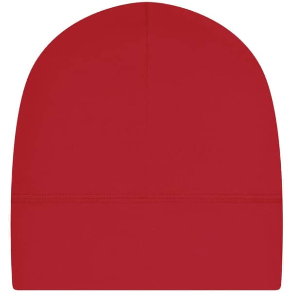 A red running beanie featuring a seamless design and a logo on the side.