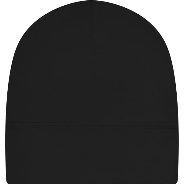 A black running beanie with a smooth finish and a seam detail at the base. It features a logo on one side.