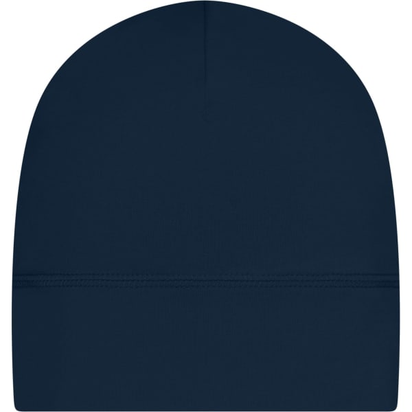 A navy running beanie with a simple design and stitching detail. It has a logo on one side.
