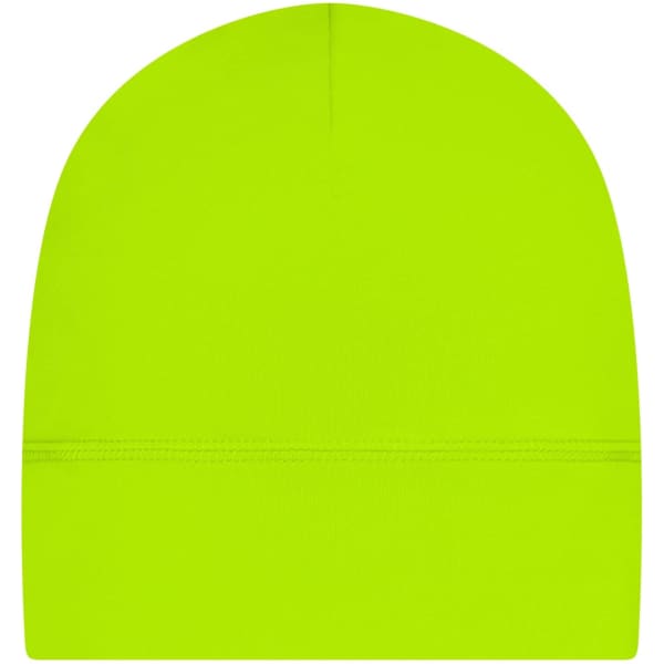 A bright neon green beanie with a sleek design and a visible seam. It features a logo on one side.