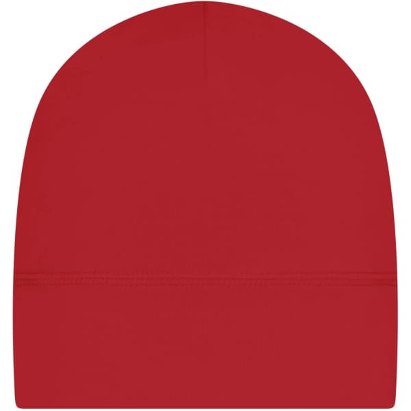 A red running beanie with a smooth, rounded top and a seam at the base. It features a logo.