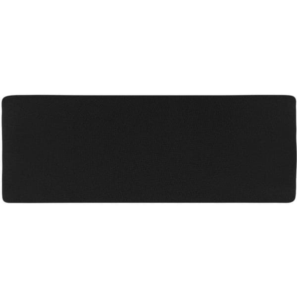 A black running headband featuring a simple design. It includes a logo on one side.