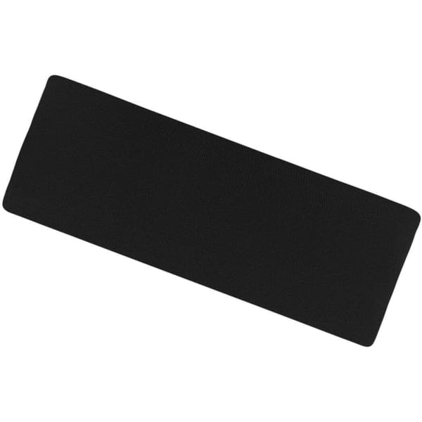 A black running headband with a simple rectangular design. Features a logo.