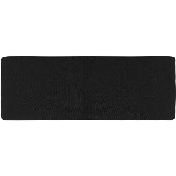 A black running headband featuring a simple design and a branding logo.