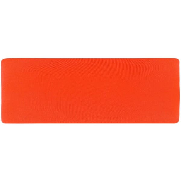 An orange running headband, featuring a simple design with an even texture. It includes a logo.