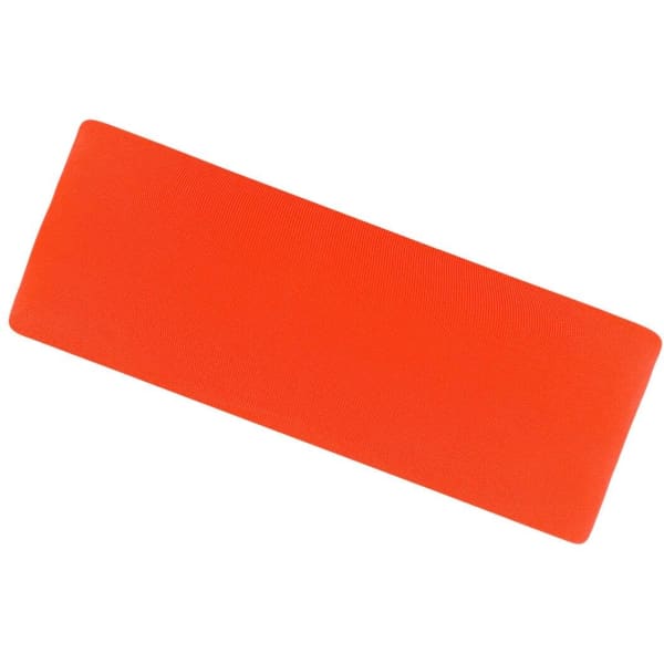 An orange running headband with a smooth texture and a simple design. It features a logo.